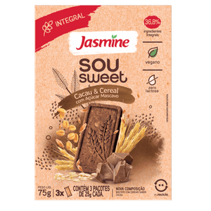 Biscoito Integral Cacau & Cereais Jasmine Sou Sweet Caixa 75g