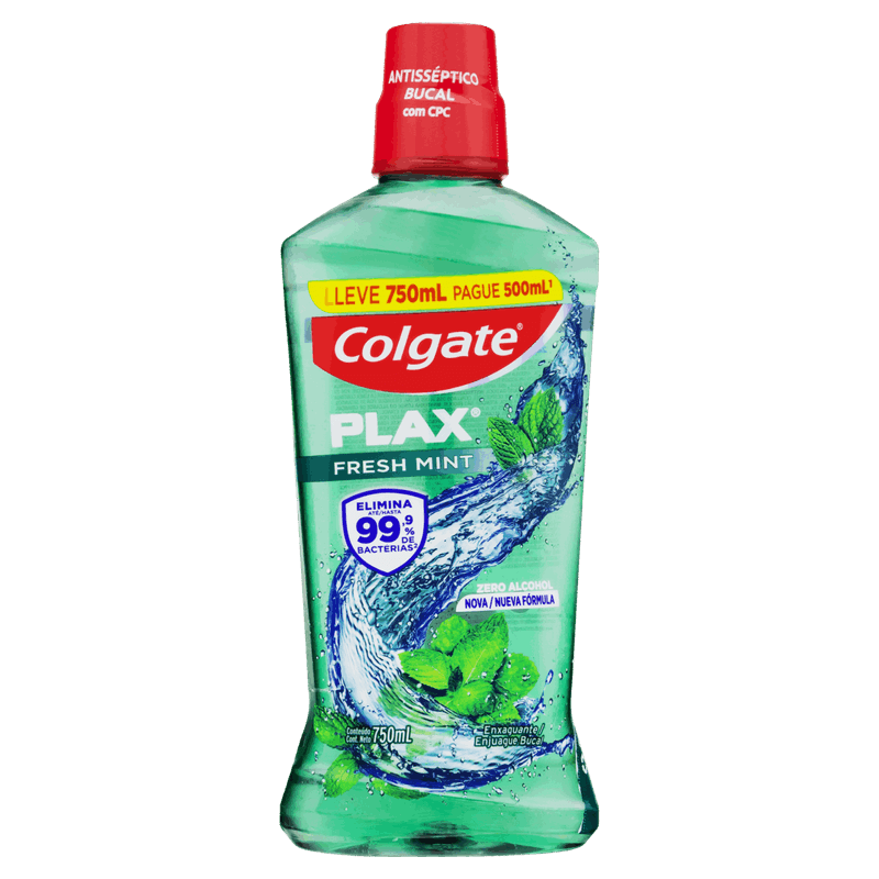Enxaguante Bucal Antisséptico Zero Álcool Fresh Mint Colgate Plax Frasco Leve 750ml Pague 500ml