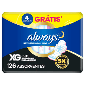 Absorvente com Abas Suave Always Noites Tranquilas Extra Grande Pacote 26 Unidades Grátis 4 Absorventes