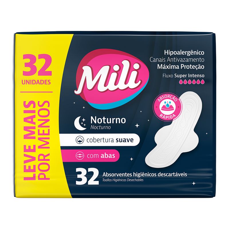 Absorvente-Higienicos-Descartaveis-com-Abas-Mili-Leve-Mais-Pague-Menos-Pacote-32-Unidades