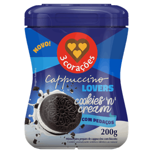 Cappuccino Solúvel Cookies 'n' Cream 3 Corações Lovers Pote 200g