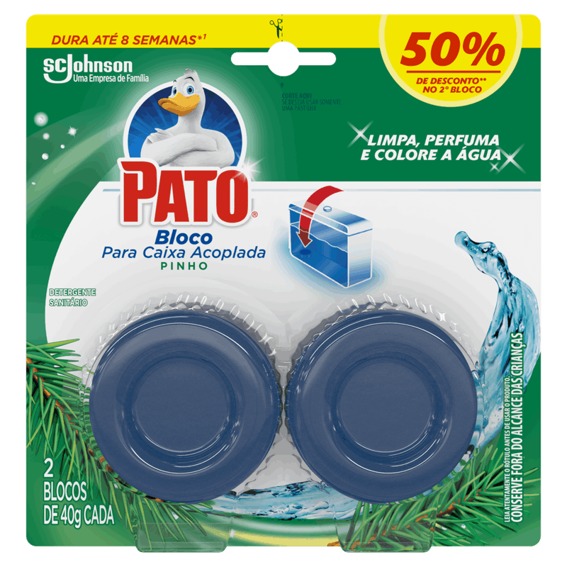 Detergente-Sanitario-Bloco-para-Caixa-Acoplada-Pinho-Pato-2-Unidades-40g-Cada-Gratis-50--de-Desconto-no-2°-Bloco