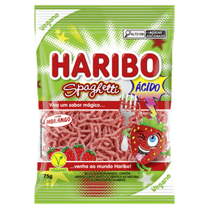 Bala Vegana Morango Ácido Spaghetti Haribo Pacote 75g