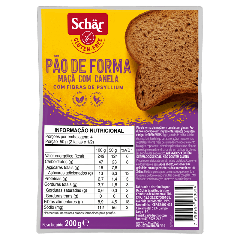 Pão de Forma Maçã com Canela sem Glúten Zero Lactose Schär Pacote 200g
