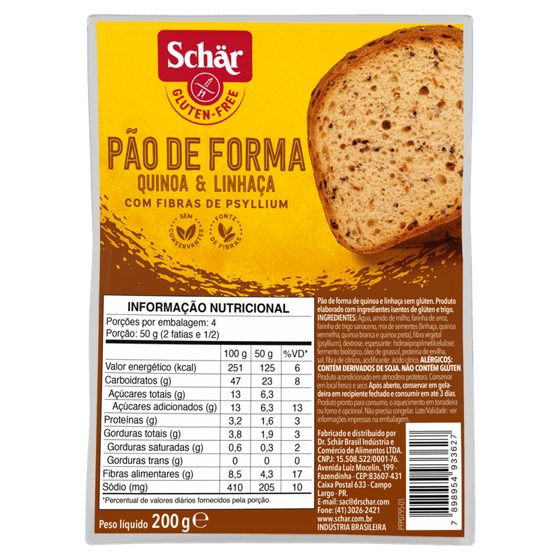 Pão de Forma Quinoa e Linhaça sem Glúten Zero Lactose Schär Pacote 200g
