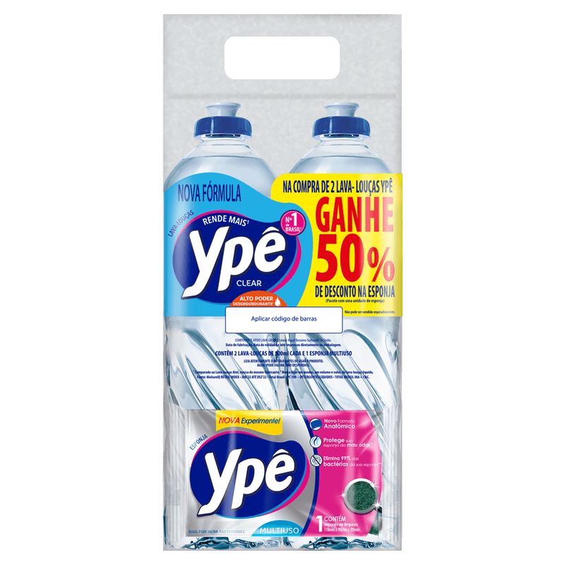 Kit-2-Lava-Loucas-Liquidos-Clear-Ype-500ml-Cada---Esponja-Gratis-50--de-Desconto-na-Esponja