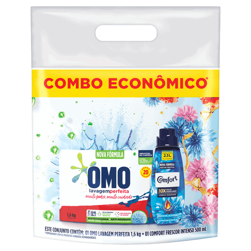 Kit-Lava-Roupas-Po-Omo-Lavagem-Perfeita-16kg---Amaciante-Concentrado-Frescor-Intenso-Comfort-500ml-Combo-Economico