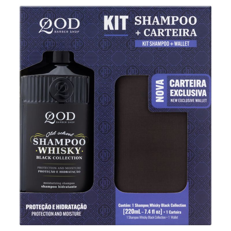 Kit-Shampoo-para-Barba-e-Cabelo-Old-School-Whisky-Black-Collection-220ml---Carteira-Slim-QOD-Barber-Shop