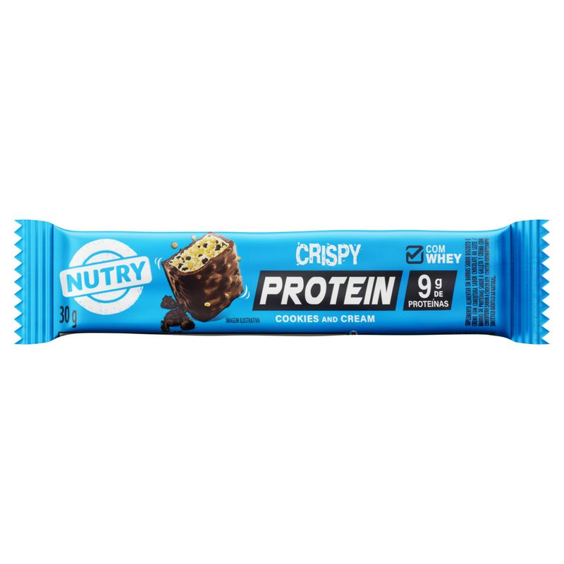 Barra-de-Proteina-Cookies-and-Cream-Cobertura-Chocolate-ao-Leite-Nutry-Crispy-Protein-Bar-Pacote-30g