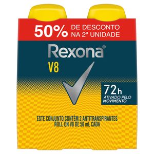 Pack Antitranspirante Roll-On V8 Rexona 2 Unidades 50ml Cada Grátis 50% de Desconto na 2ª Unidade