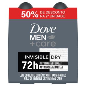 Pack Antitranspirante Roll-On Invisible Dry Dove Men+Care 2 Unidades 50ml Cada Grátis 50% de Desconto na 2ª Unidade