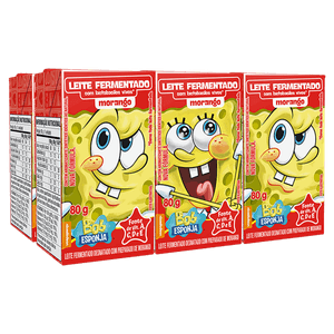 Pack Leite Fermentado Desnatado Morango Bob Esponja Elegê Caixa 6 Unidades 80g Cada