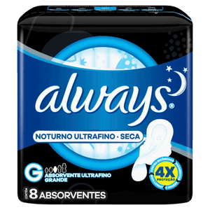 Absorvente com Abas Ultrafino Seca Always Noturno Longo Pacote 8 Unidades