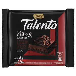 Chocolate Dark 70% Cacau com Nibs Garoto Talento Pacote 75g