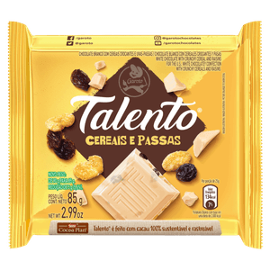 Chocolate Branco com Cereais e Passas Garoto Talento Pacote 85g