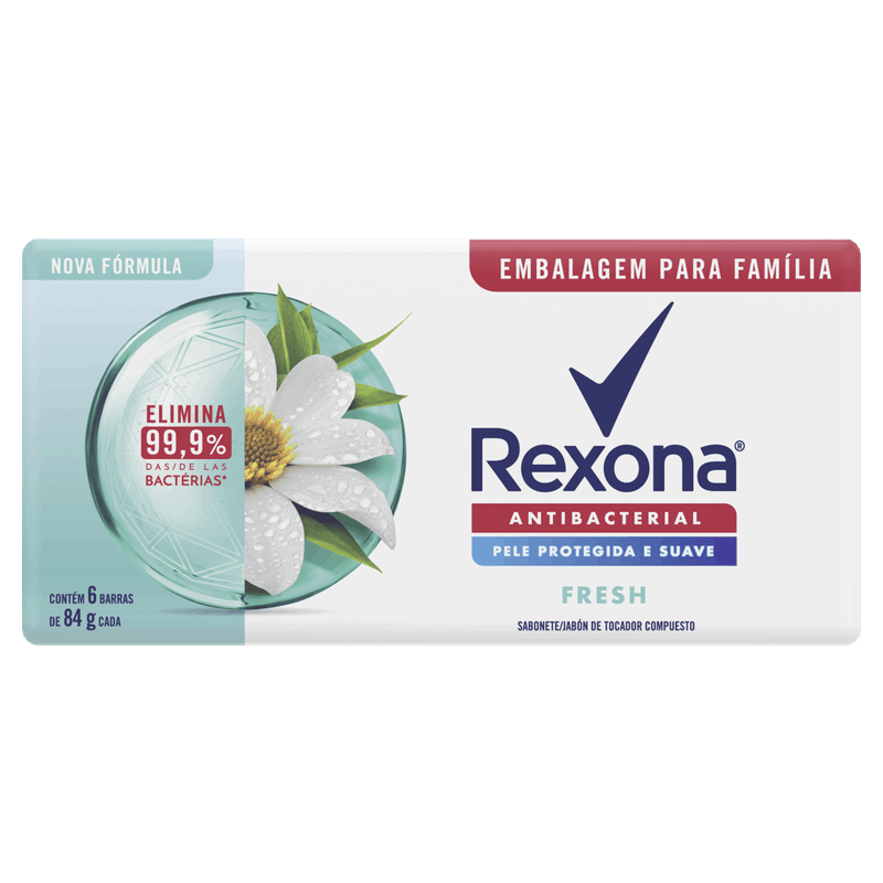 Pack Sabonete Barra Antibacterial Fresh Rexona Envoltório 6 Unidades 84g Cada Embalagem Família