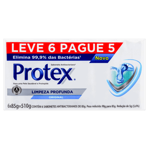 Pack Sabonete Barra Antibacteriano Original Protex Limpeza Profunda Envoltório 510g Leve 6 Pague 5 Unidades