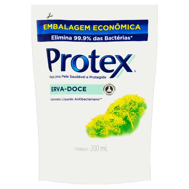 Sabonete-Liquido-Antibacteriano-Erva-Doce-Protex-Sache-200ml-Refil-Embalagem-Economica