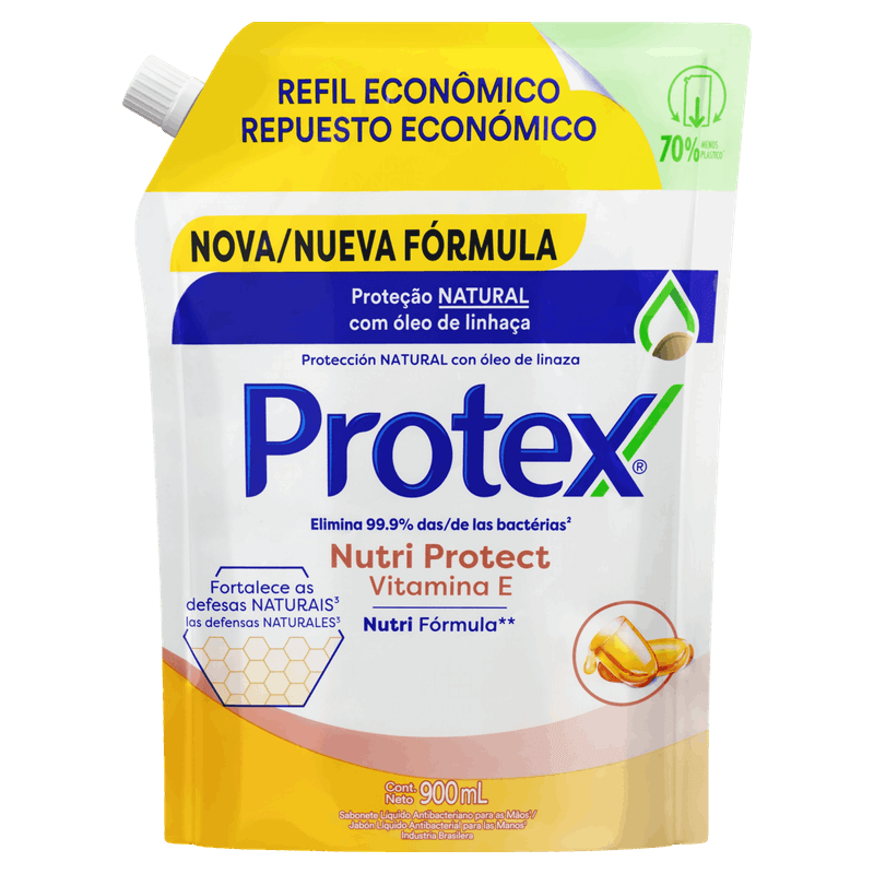 Sabonete-Liquido-Antibacteriano-para-as-Maos-Protex-Nutri-Protect-Vitamina-E-Sache-900ml-Refil-Super-Economico