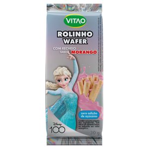 Rolinhos de Wafer Baunilha Recheio Morango Frozen Vitao Pacote 30g