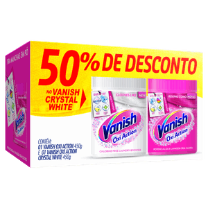 Kit Tira-Manchas Pó Roupas Brancas Crystal White + Coloridas Vanish Oxi Action 450g Cada Grátis 50% de Desconto no Cryst