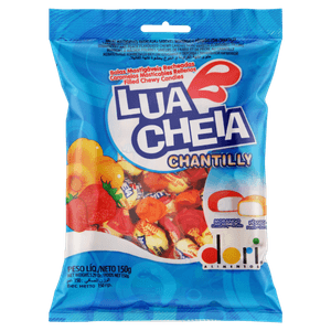 Bala com Recheio de Morango e Pêssego Dori Lua Cheia Chantilly Pacote 150g