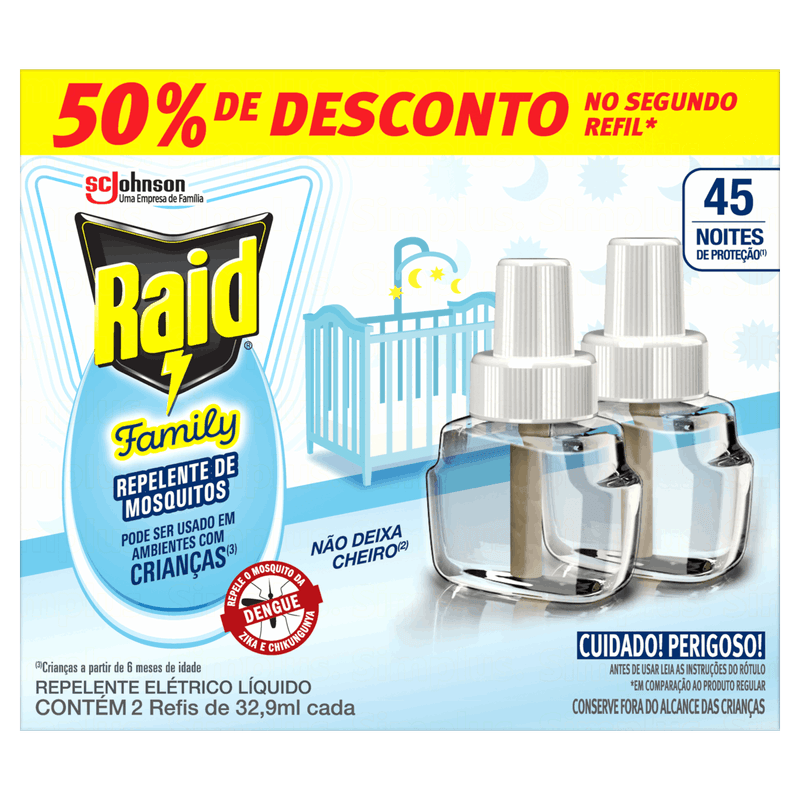 Repelente-Liquido-Eletrico-45-Noites-Raid-Family-Caixa-2-Unidades-329ml-Cada-Gratis-50--de-Desconto-no-Segundo-Refil