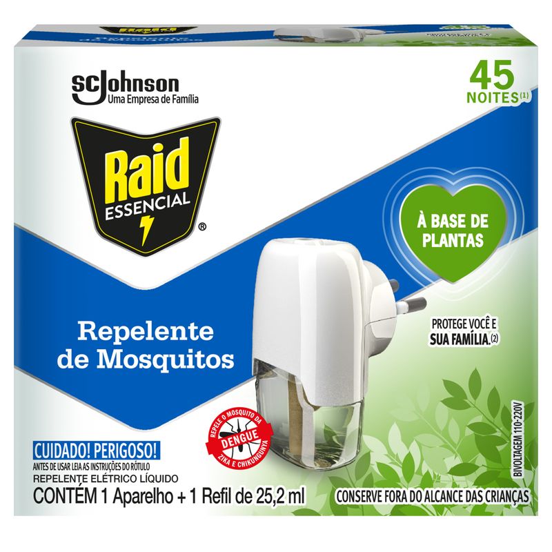 Kit-Aparelho-Eletrico---Refil-Repelente-Liquido-45-Noites-a-Base-de-Plantas-Raid-Essencial-252ml