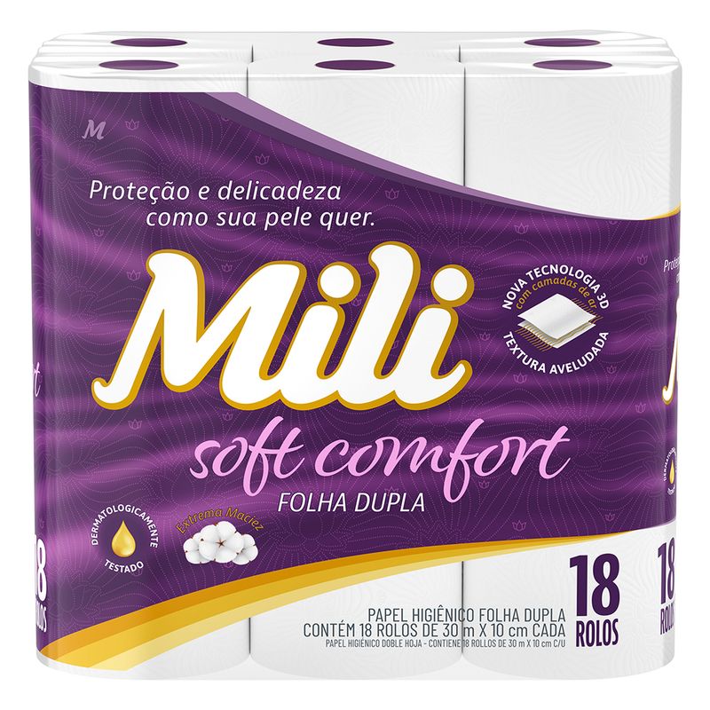 Papel-Higienico-Folha-Dupla-Soft-Confort-Mili-30m-Pacote-18-Unidades