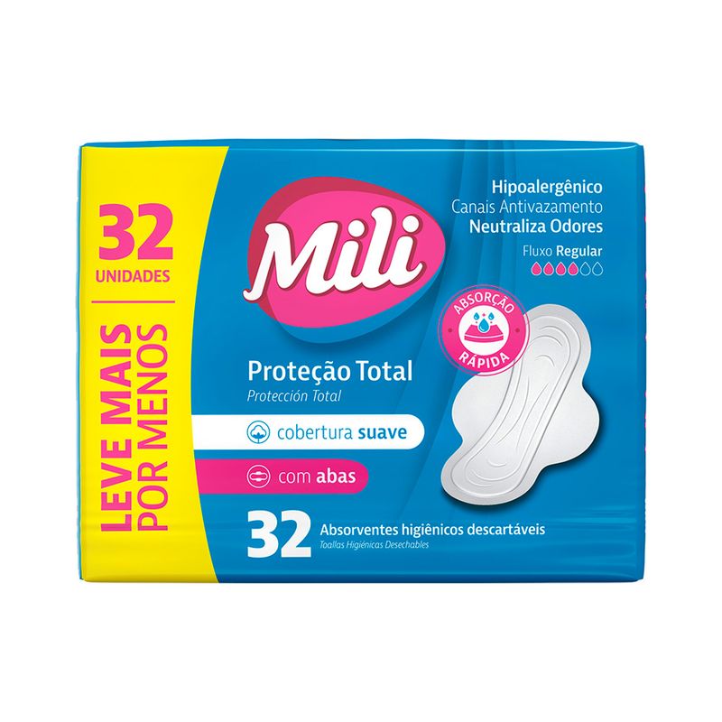 Absorvente-Higienico-Descartavel-com-Abas-Mili-Leve-Mais-Pague-Menos-Pacote-32-Unidades-