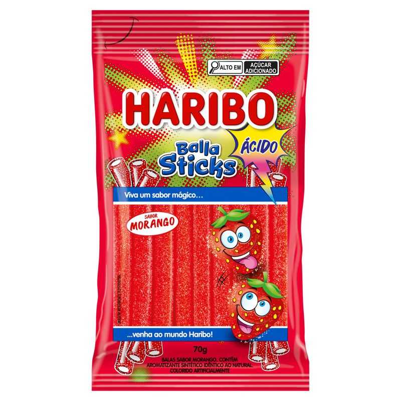Bala-Morango-Acido-Haribo-Balla-Sticks-Pacote-70g
