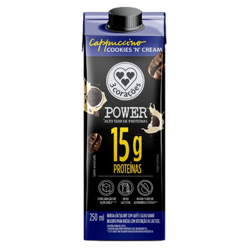 Bebida-Lactea-UHT-Cappuccino-Cookies-n-Cream-Zero-Lactose-3-Coracoes-Power-Whey-Caixa-250ml