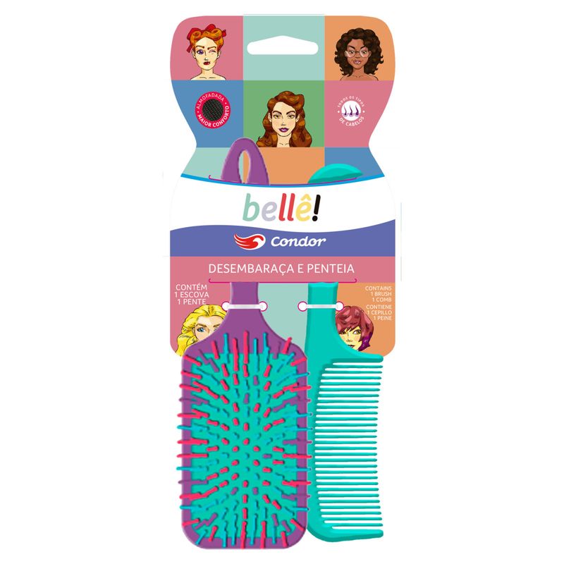 Kit-Escova-Raquete-Almofadada---Pente-para-Cabelo-Condor-Belle-