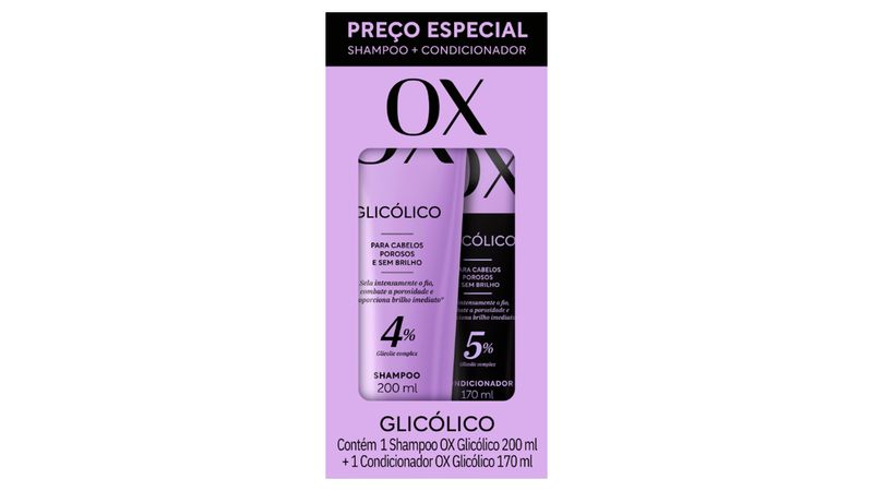 Kit Shampoo 200ml + Condicionador 170ml OX Cosméticos Glicólico