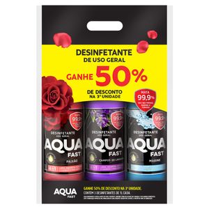 Kit Desinfetante Uso Geral Paixão + Campos de Lavanda + Marine Aquafast 1l Cada Grátis 50% de Desconto na 3ª Unidade