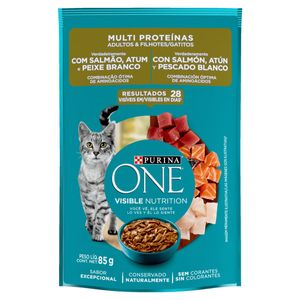 Alimento para Gatos Adultos e Filhotes Salmão, Atum e Peixe Branco Purina One Multi Proteínas Sachê 85g