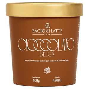 Gelato Chocolate com Pedaços de Chocolate Belga Bacio di Latte Casa Pote 490ml